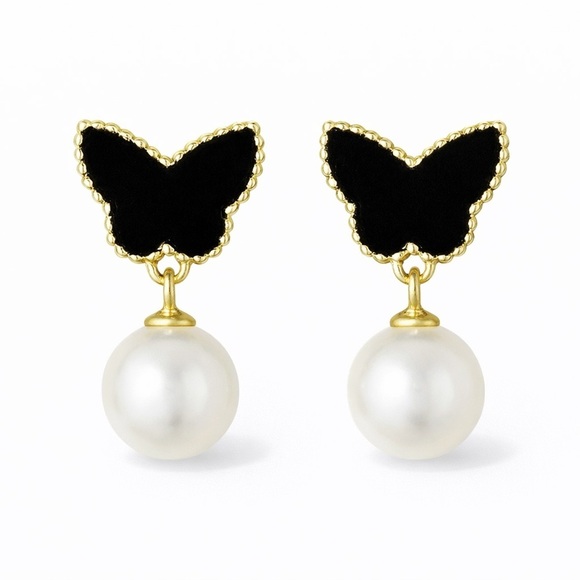 Anthropologie Jewelry - Elegant Black and Gold Butterfly Pearl Earrings